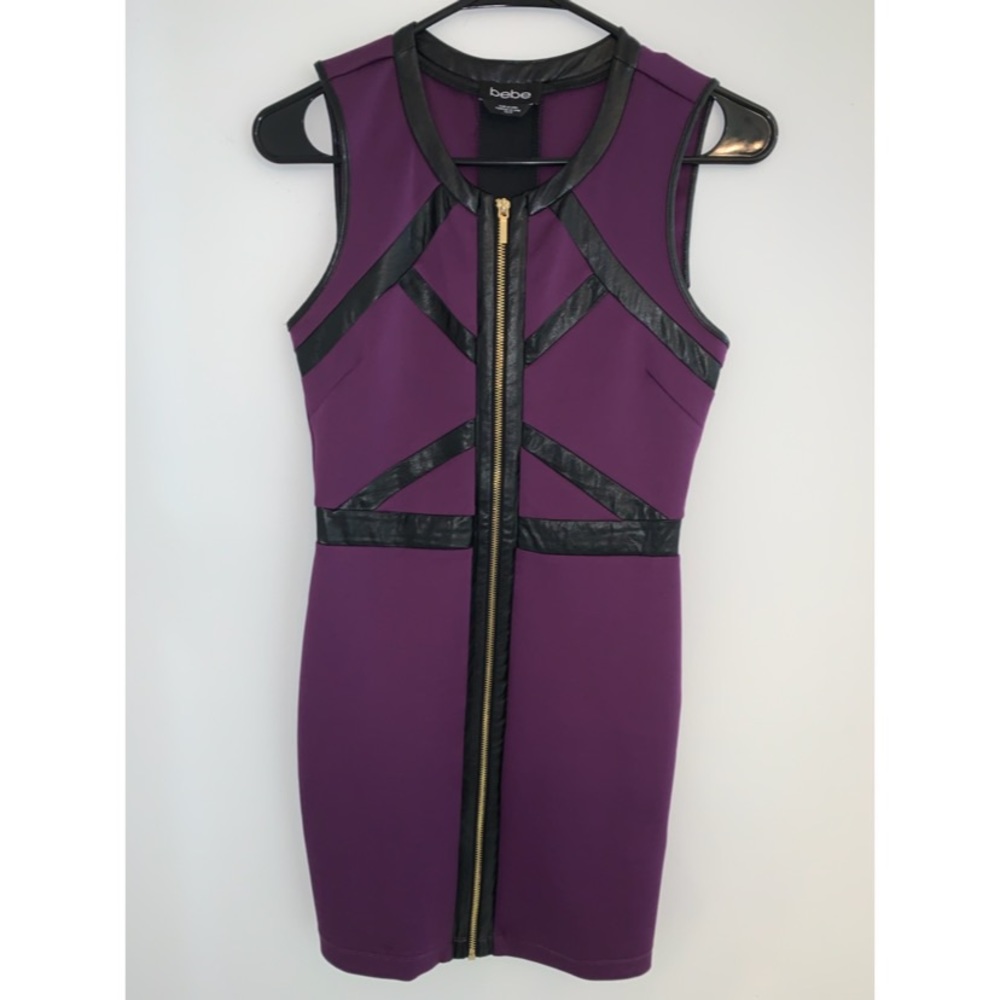 Bebe Purple with Black leather bodycon dress.